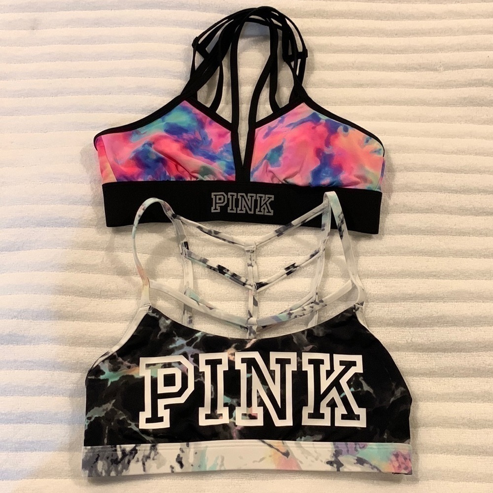 Pink Sport Bras. Two. Both Size X-Small. Pink one has adjustable 3 hook close.  